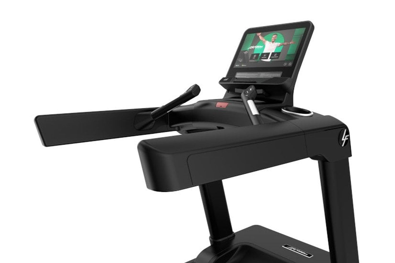 Black Life Fitness treadmill with digital touchscreen display showing workout content, handrails, and microphone on white bac