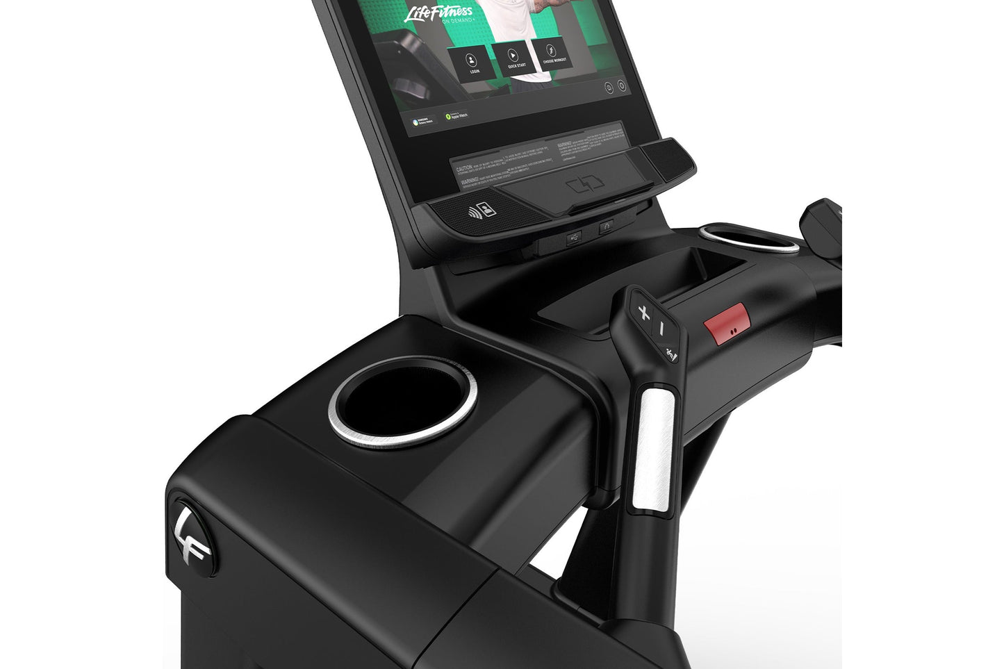 Black stationary exercise bike with integrated tablet holder displaying Life Fitness app interface, featuring console control