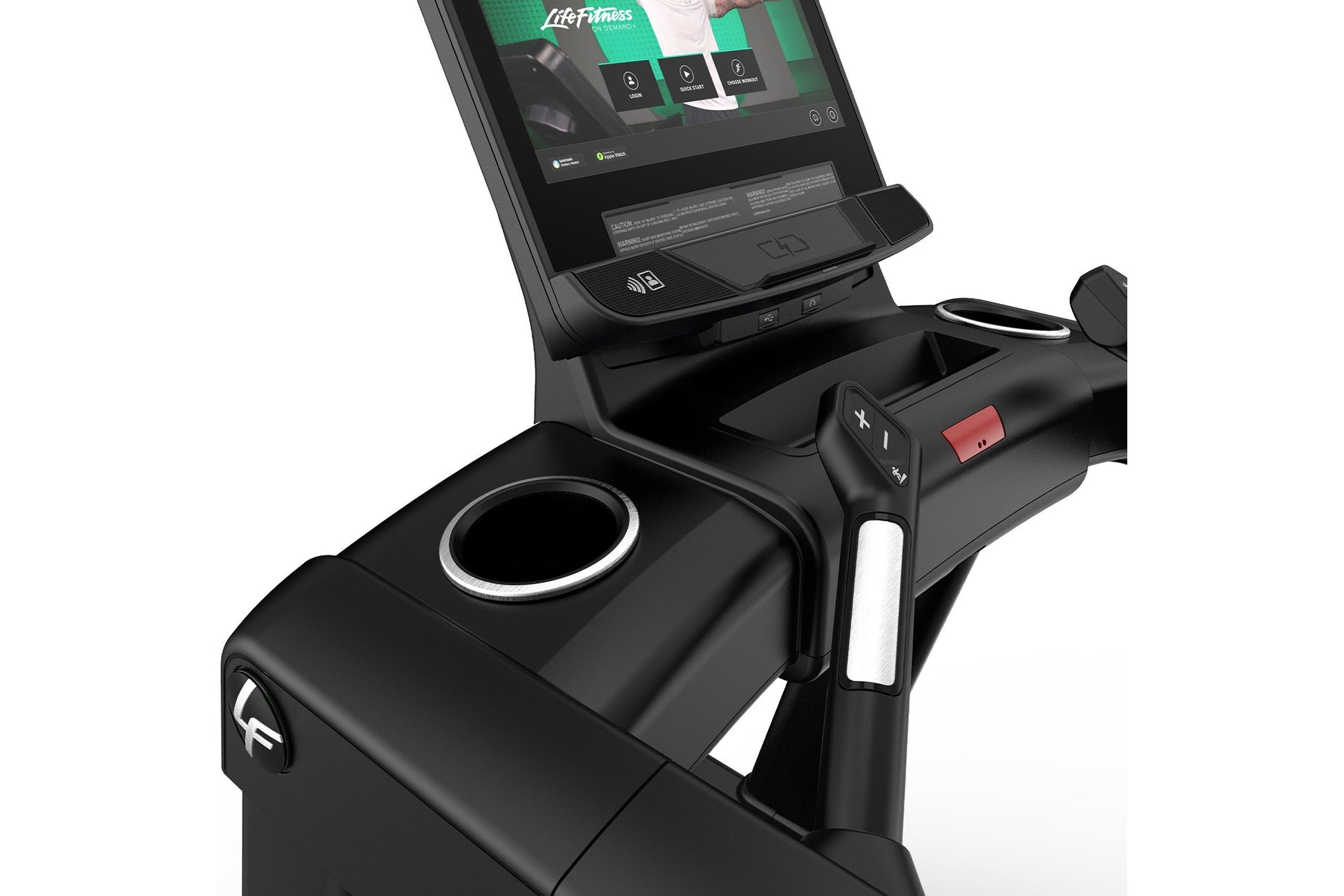 Black stationary exercise bike with integrated tablet holder displaying Life Fitness app interface, featuring console control