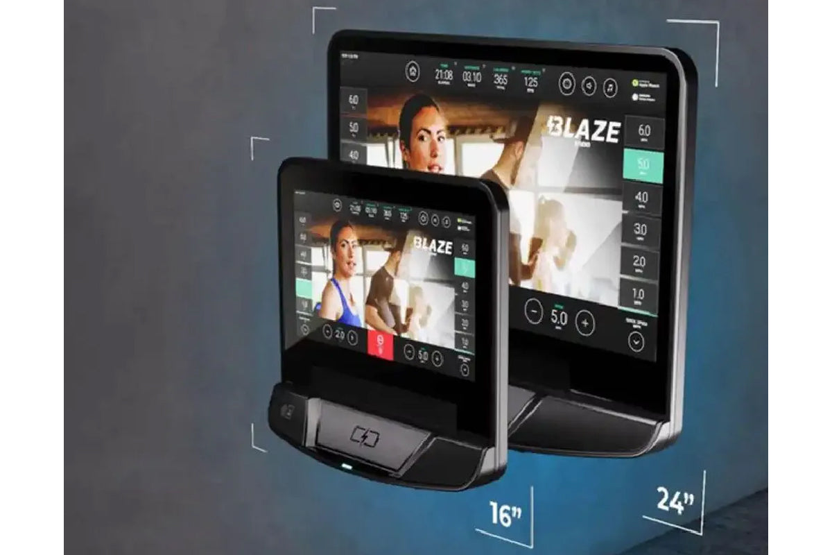 Life Fitness Integrity+ treadmill displays shown on 16-inch and 24-inch screens with fitness app interface and workout metric