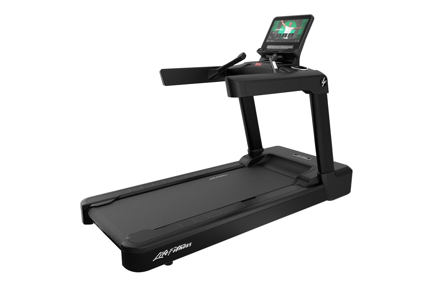 Black Life Fitness Integrity+ treadmill with digital touchscreen console displaying workout content, on white background