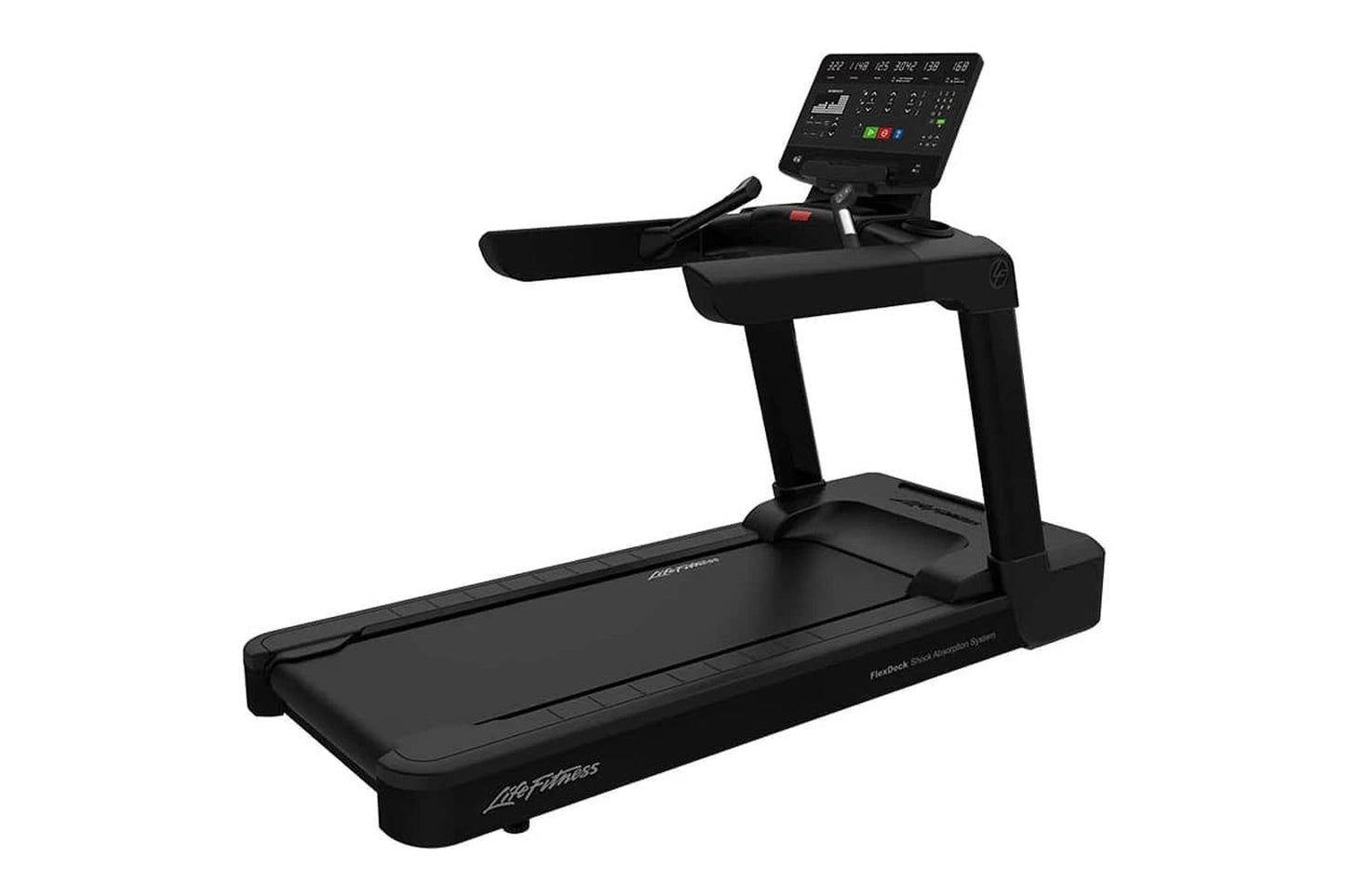 Black Life Fitness Integrity+ treadmill with digital display console, black running deck, and handrails on white background