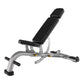 Life Fitness multi-adjustable weight bench with silver metal frame, black padded seat and backrest, and leg extension attachm