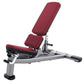 Life Fitness adjustable weight bench with burgundy padded seat and back, gray metal frame, and leg extension attachment on wh