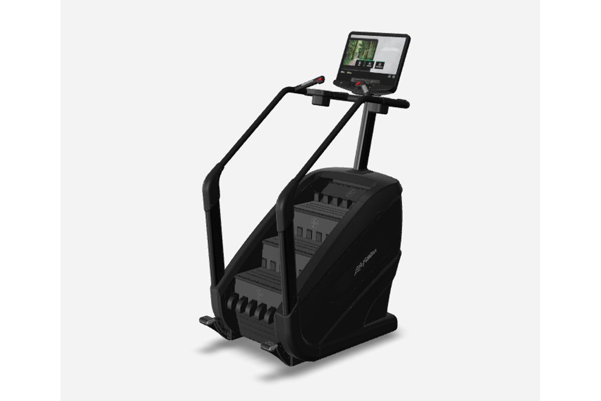 Black stair climber machine with digital display console and handlebar grips on white background