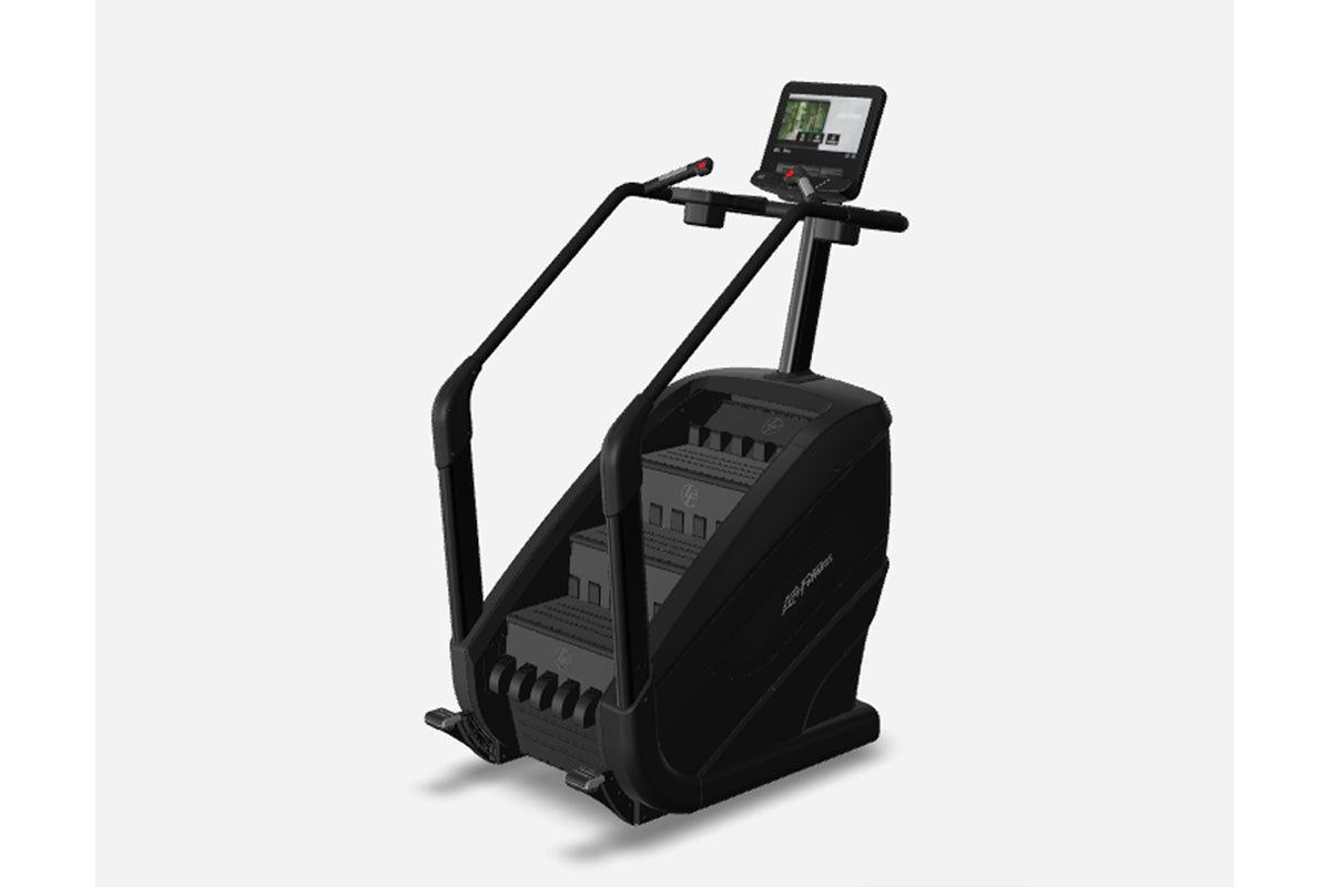 Black stair climbing exercise machine with digital console display and handlebar grips on white background