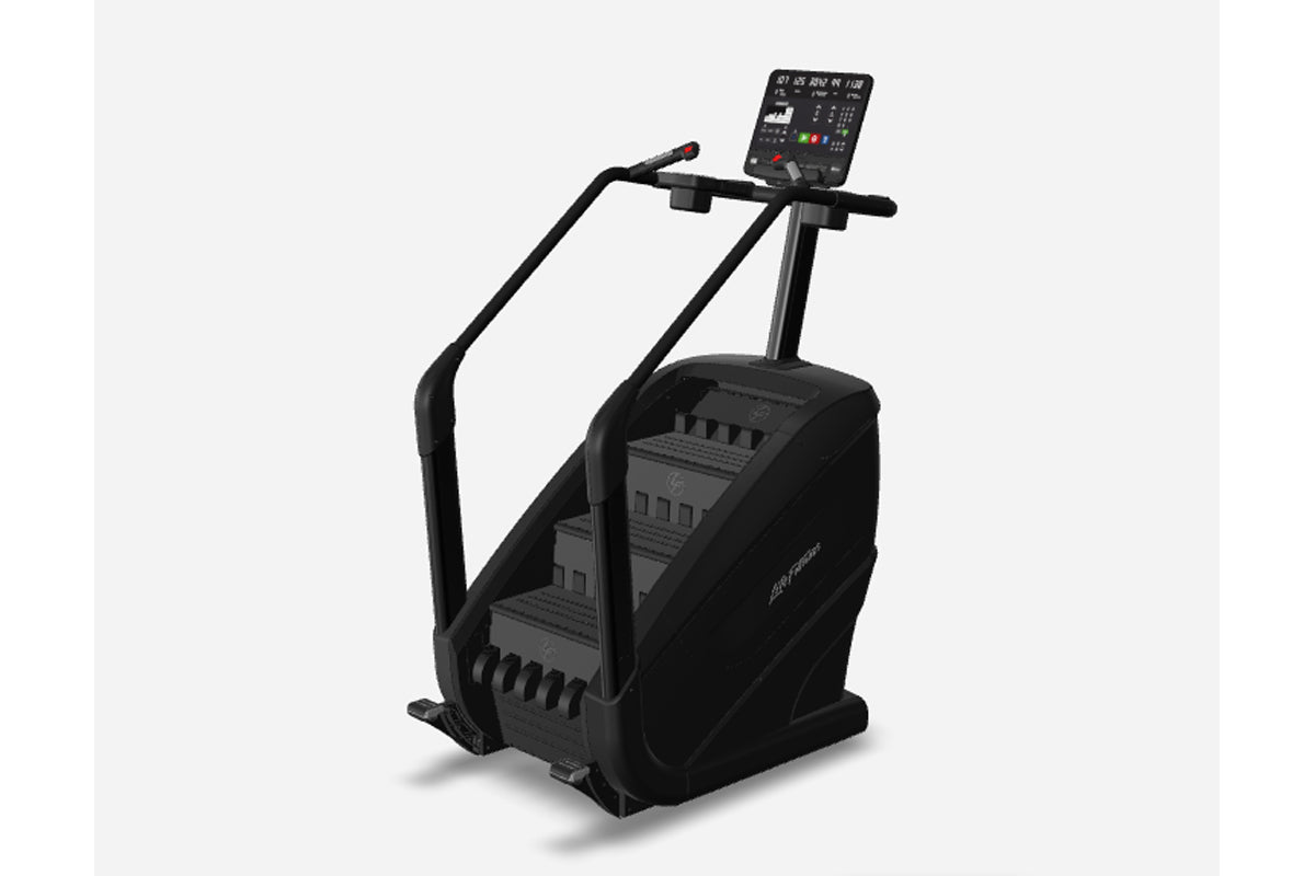 Black stair climber machine with digital console, dual handles, and textured foot pedals on white background