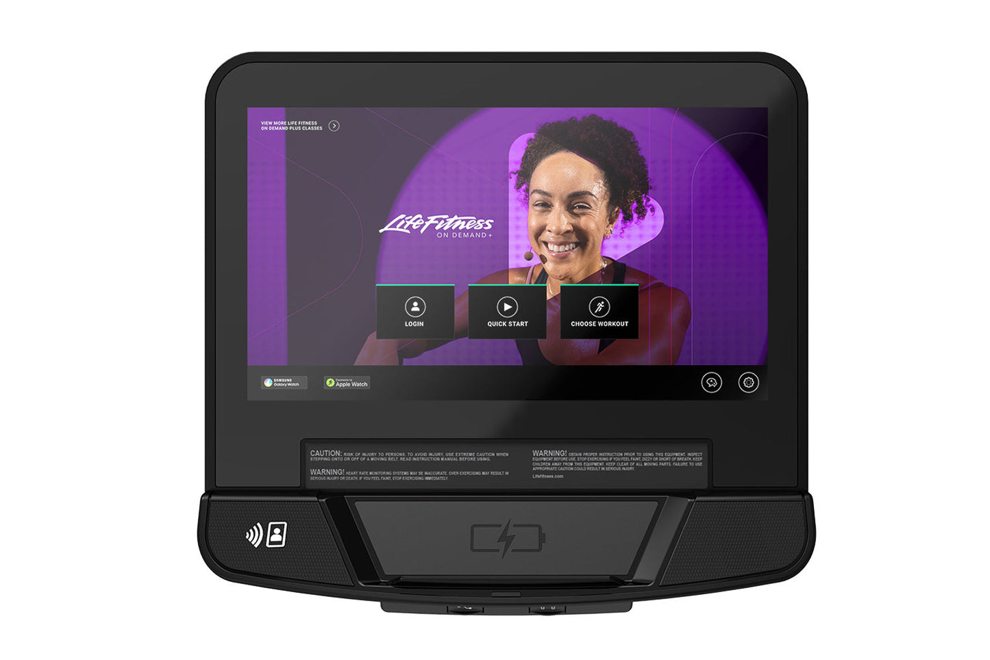 Black Life Fitness exercise machine with curved display screen showing purple interface and smiling instructor, featuring Qui