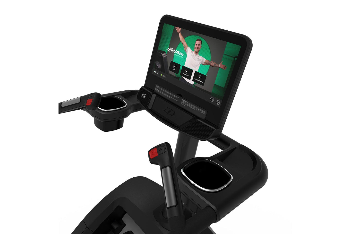Black exercise climber machine with digital display screen showing fitness app interface and red control buttons on handlebar