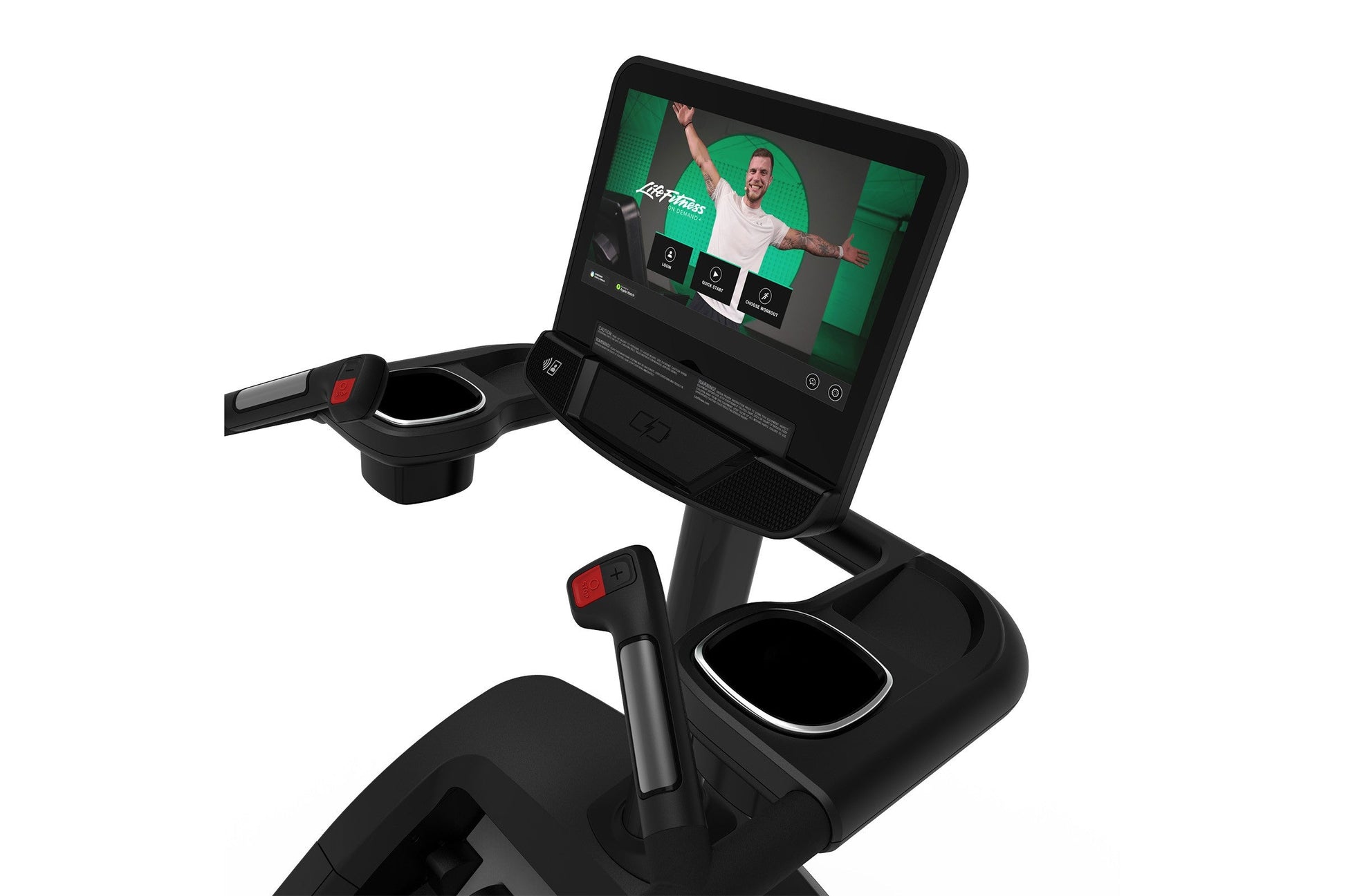 Black exercise climber machine with digital display screen showing fitness app interface and red control buttons on handlebar