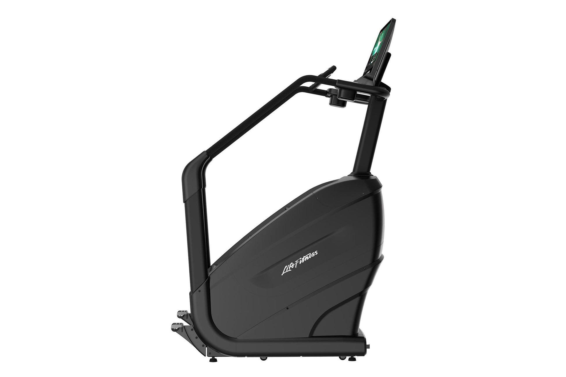 Black Life Fitness PowerMill Climber with green digital display and adjustable handlebars on white background