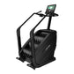 Black Life Fitness PowerMill climbing machine with digital display console and dual handles, on white background