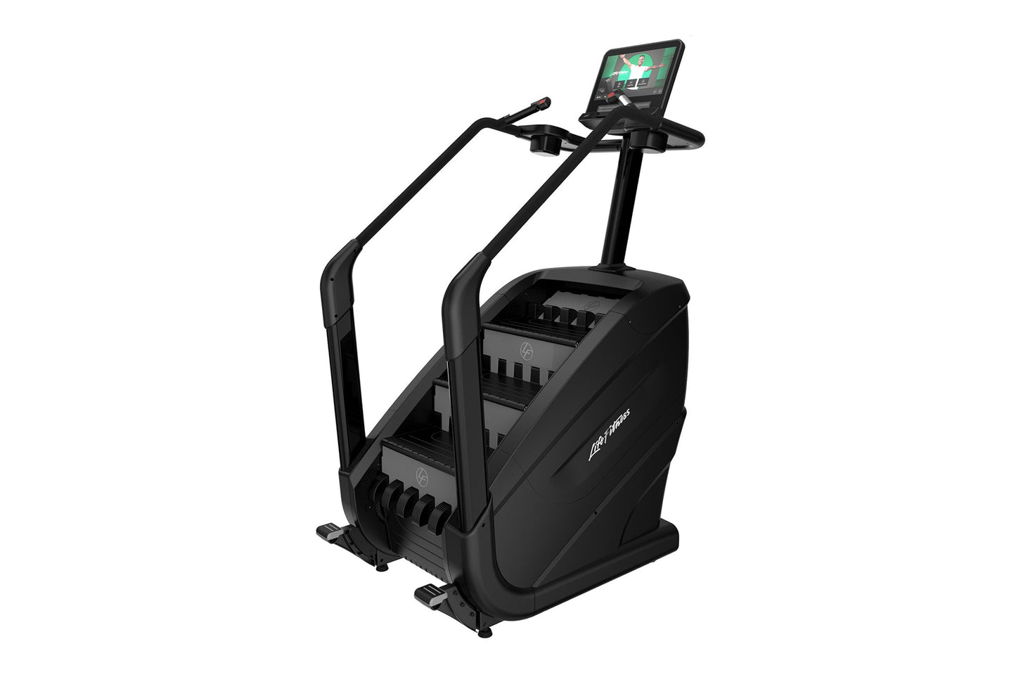 Black Life Fitness PowerMill climbing machine with digital display console and dual handles, on white background