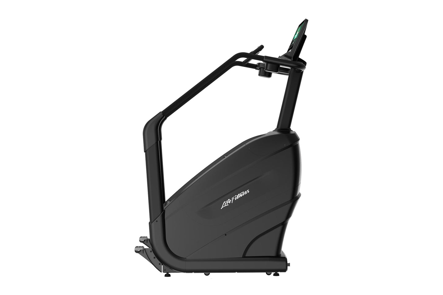 Black Life Fitness PowerMill climbing machine with dual handles and digital display on white background