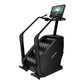 Black stair climbing machine with dual handles, control console, and digital display screen showing workout interface