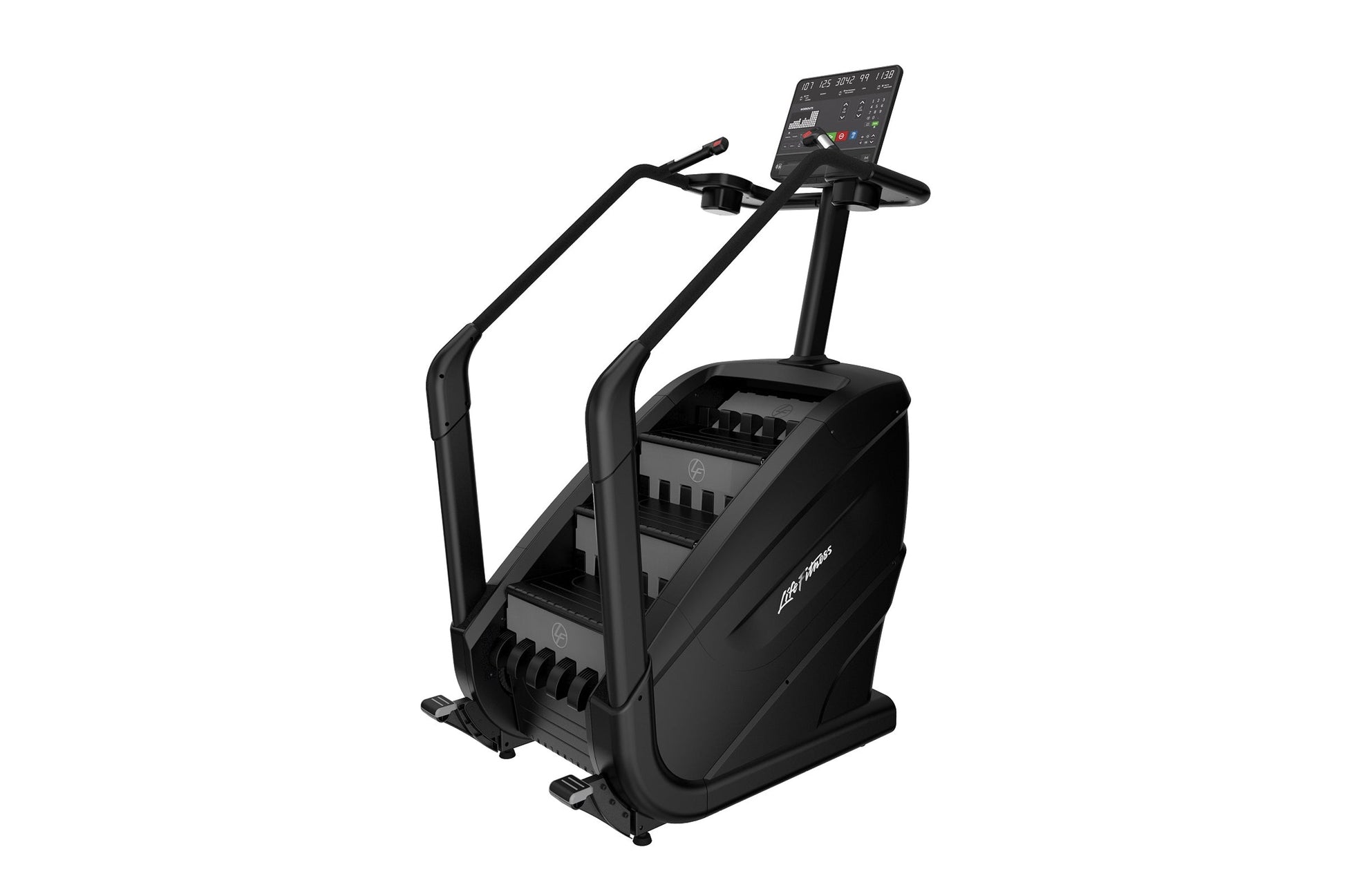 Black Life Fitness PowerMill Climber with dual handles, digital console, and stepping pedals on white background