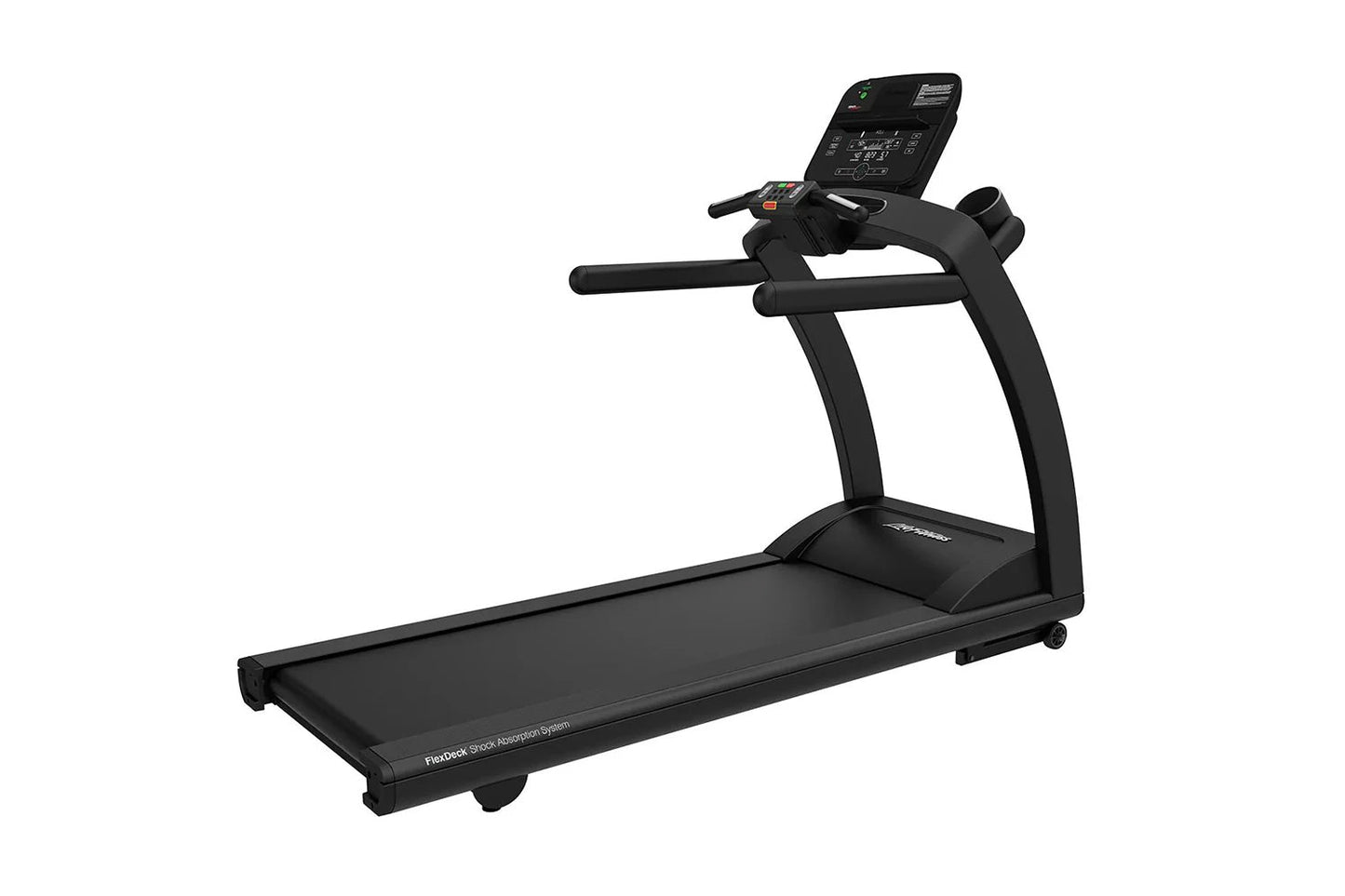 Black Life Fitness Run CX treadmill with digital console, cushioned running deck, and handrails on white background