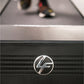 Life Fitness logo emblem on black treadmill belt with silver trim and white top rail