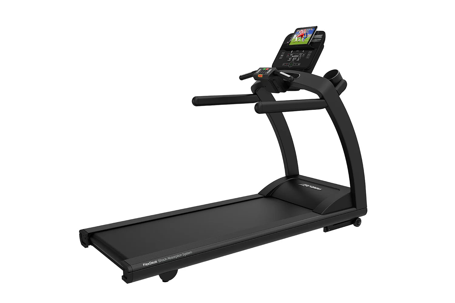 Black Life Fitness treadmill with curved frame, padded running deck, and digital display console mounted on handles showing f