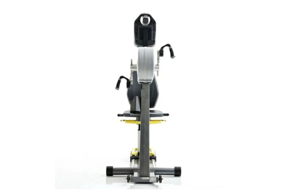 Life Fitness SCIFIT PRO1 upper body exerciser with black and gray frame, white seat, yellow accents, and dual handles, front 