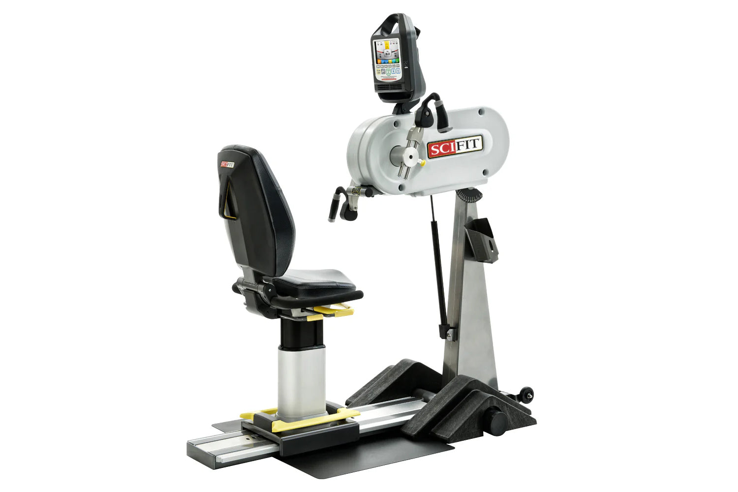 SciFit Pro1 seated upper body exercise machine with white and gray frame, black seat, and digital display monitor mounted on 