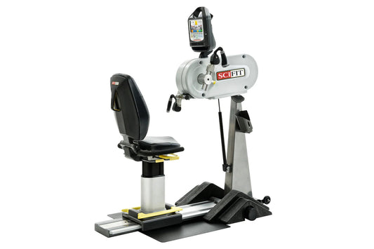 SciFit Pro1 seated upper body exercise machine with white and gray frame, black seat, and digital display monitor mounted on 