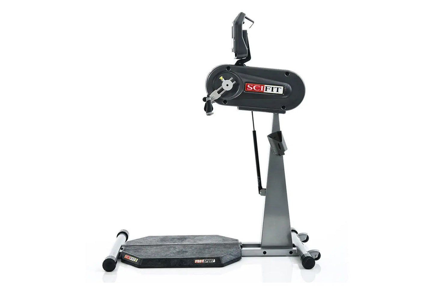 Black SCIFIT PRO1 Sport standing upper body ergometer with adjustable handlebar, gray metal frame, and textured foot platform