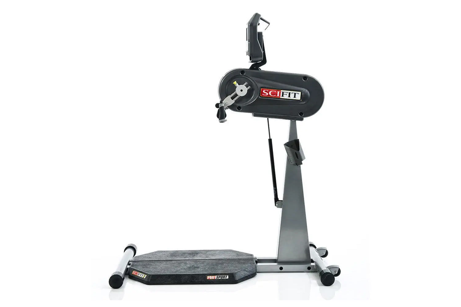 Black SCIFIT PRO1 Sport standing upper body ergometer with adjustable handlebar, gray metal frame, and textured foot platform