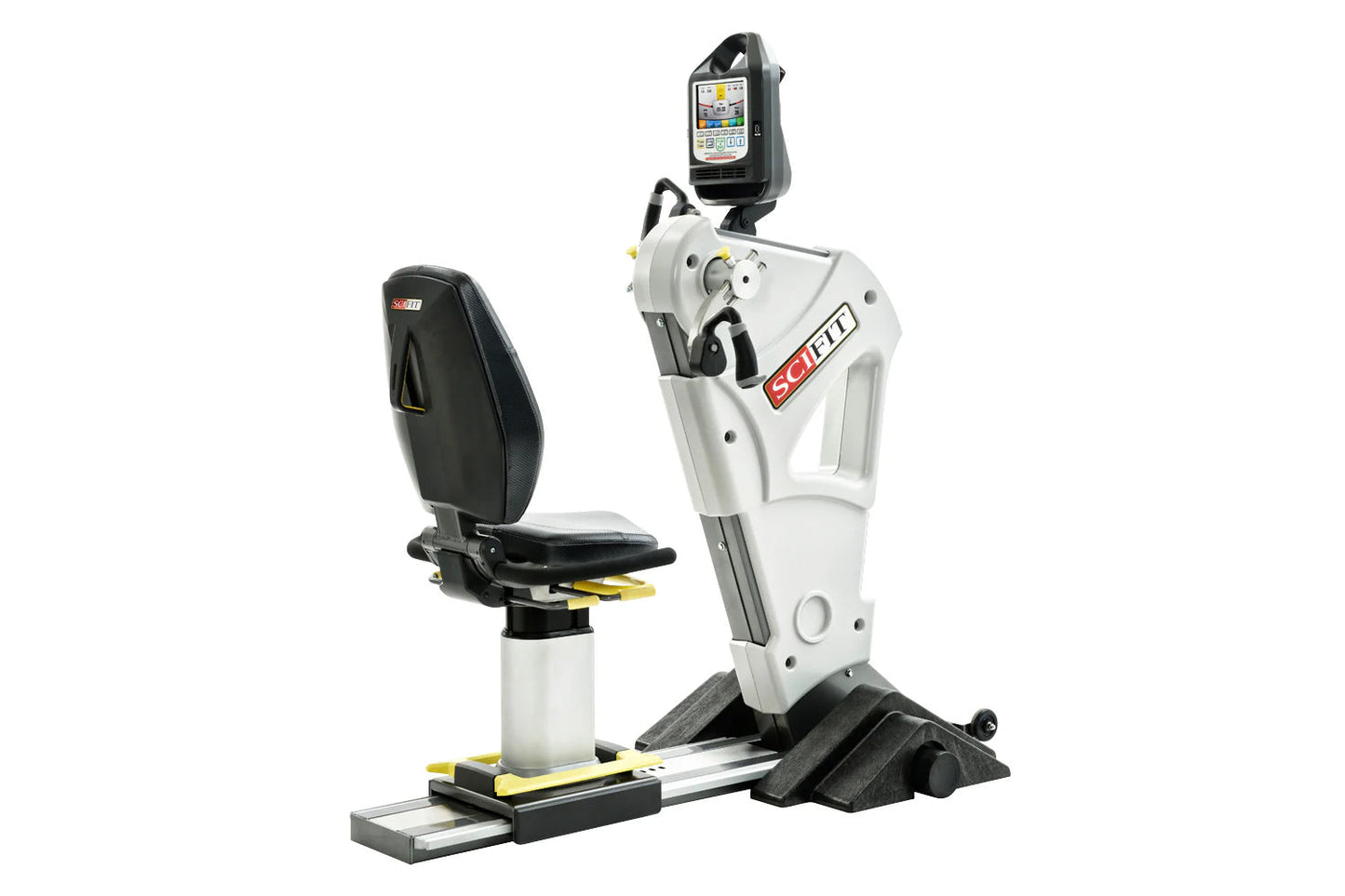 White and black SCIFIT PRO1000 upper body exerciser with digital display and black padded seat on white background