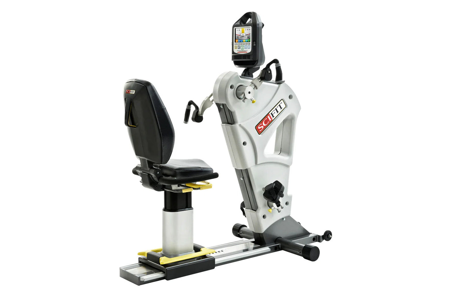 White and black SCIFIT PRO2 recumbent exercise bike with digital display screen and footrest, on white background