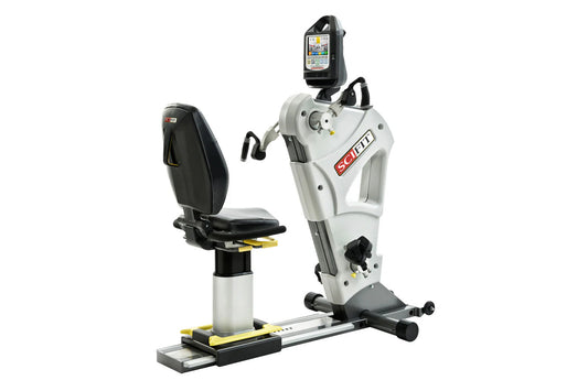 White and black SCIFIT PRO2 recumbent exercise bike with digital display screen and footrest, on white background