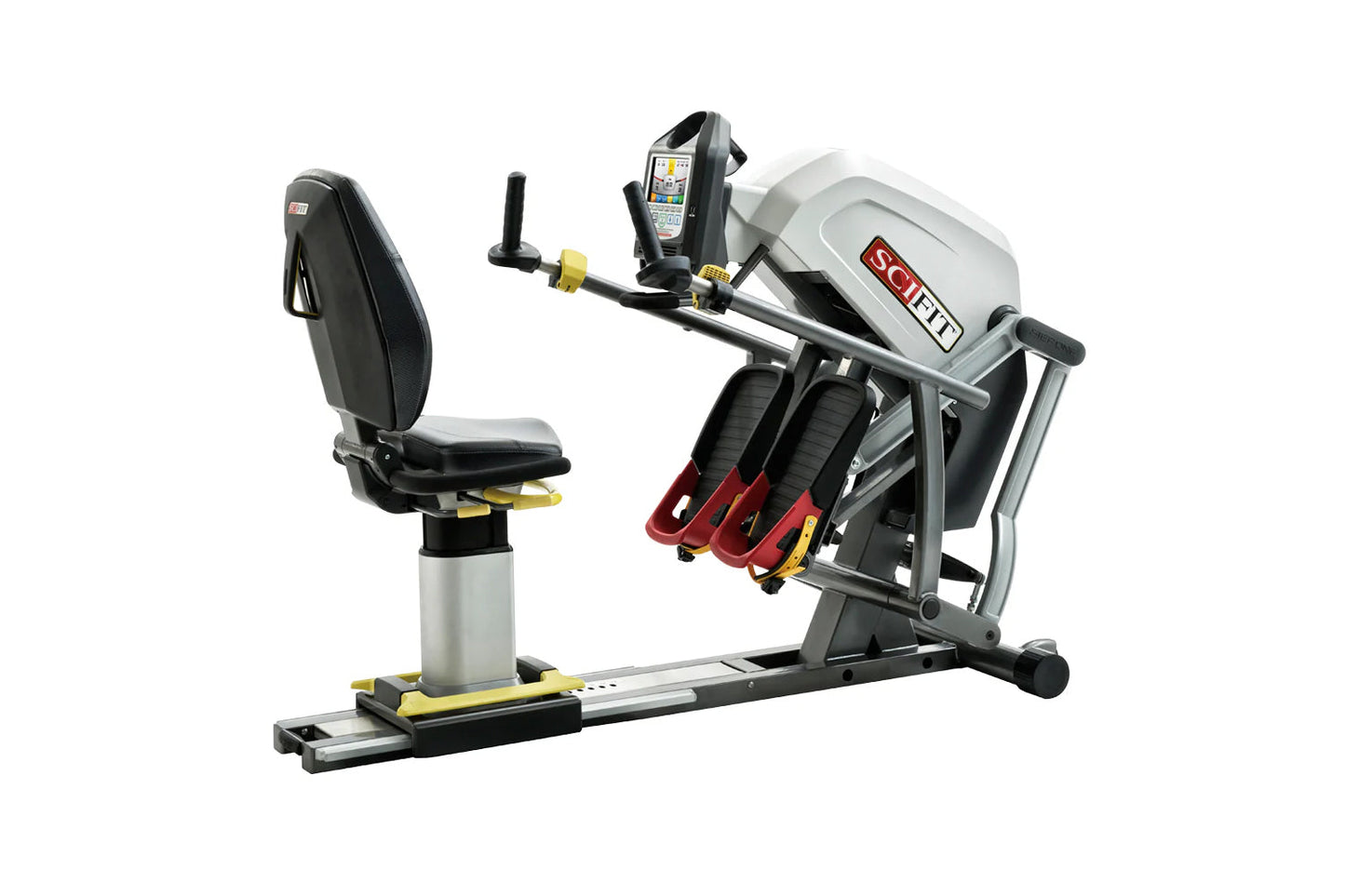SCIFIT StepOne total body recumbent stepper with gray and red frame, black seat, red foot pedals, and digital display console