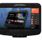 Life Fitness exercise machine with black console displaying streaming content menu, app icons, and workout options on screen