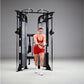 Woman in red sports bra and shorts using black and silver dual adjustable pulley machine on gray background