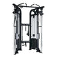 Life Fitness Signature Series black and silver dual adjustable pulley machine with cable systems and handles on white backgro