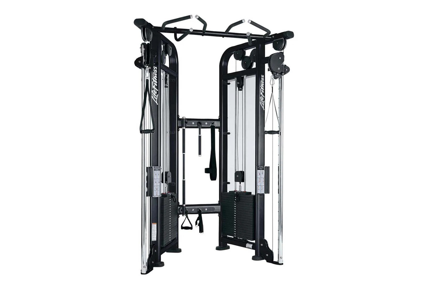 Life Fitness Signature Series black and silver dual adjustable pulley machine with cable systems and handles on white backgro