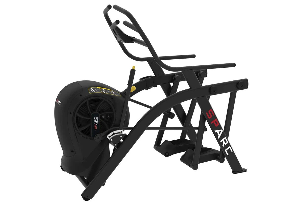 Black Life Fitness SPARC arc trainer elliptical with dual handles, foot pedals, and curved frame on white background