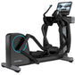 Life Fitness Symbio incline elliptical machine with black and gray frame, blue accent lighting, digital touchscreen display, 