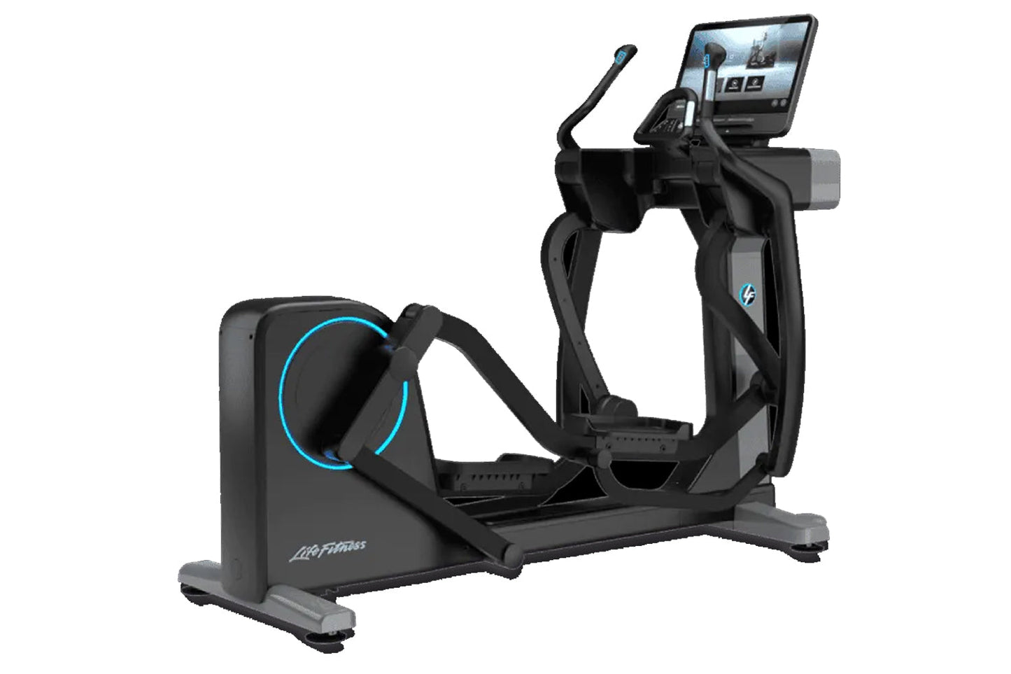 Life Fitness Symbio incline elliptical machine with black and gray frame, blue accent lighting, digital touchscreen display, 