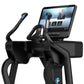 Black Life Fitness Symbio incline elliptical with blue accent details, touchscreen display, and dual handles on white backgro