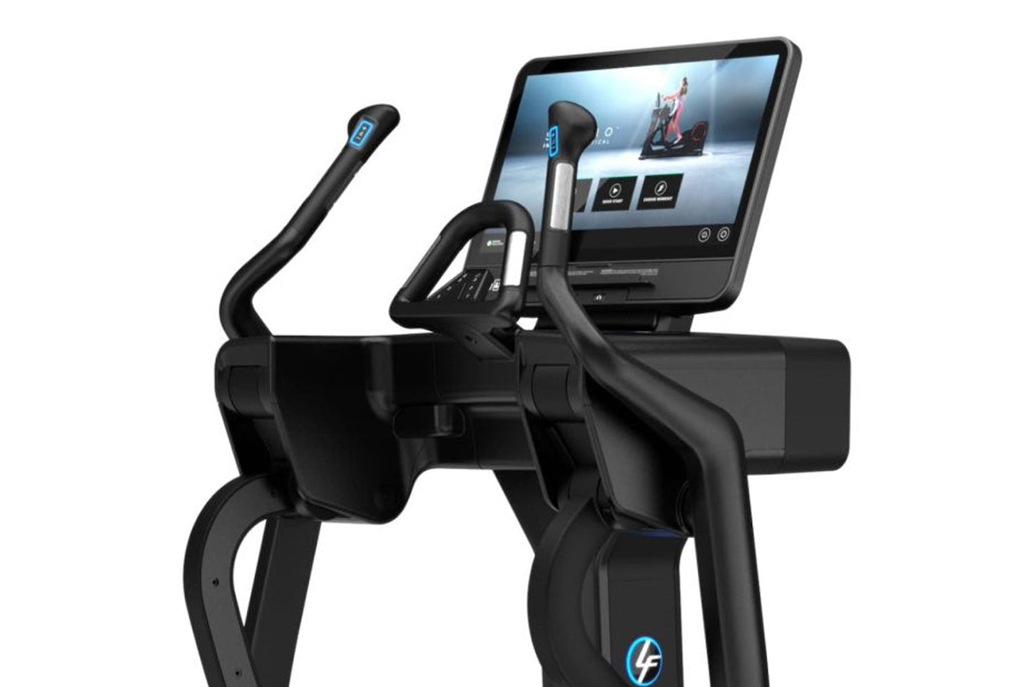 Black Life Fitness Symbio incline elliptical with blue accent details, touchscreen display, and dual handles on white backgro