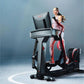 Woman wearing burgundy and white athletic leggings using Life Fitness Symbio incline elliptical with digital display against 