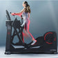 Woman using black Life Fitness elliptical with red accent lighting and digital display, worn by model on blue background