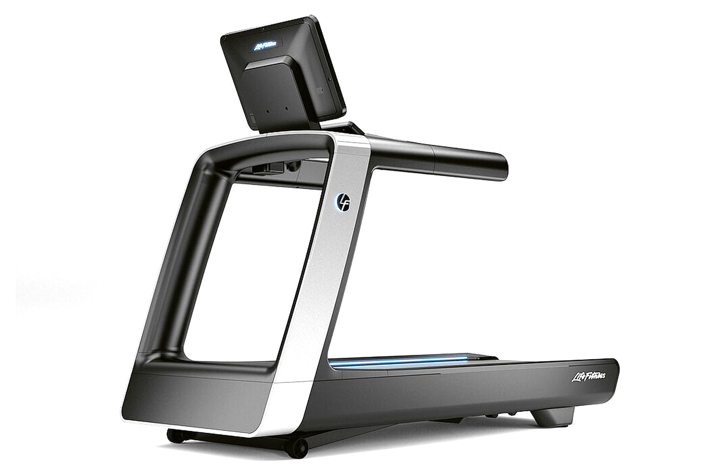 Life Fitness Symbio Runner treadmill with black and silver frame, digital display console, and blue accent stripe on white ba