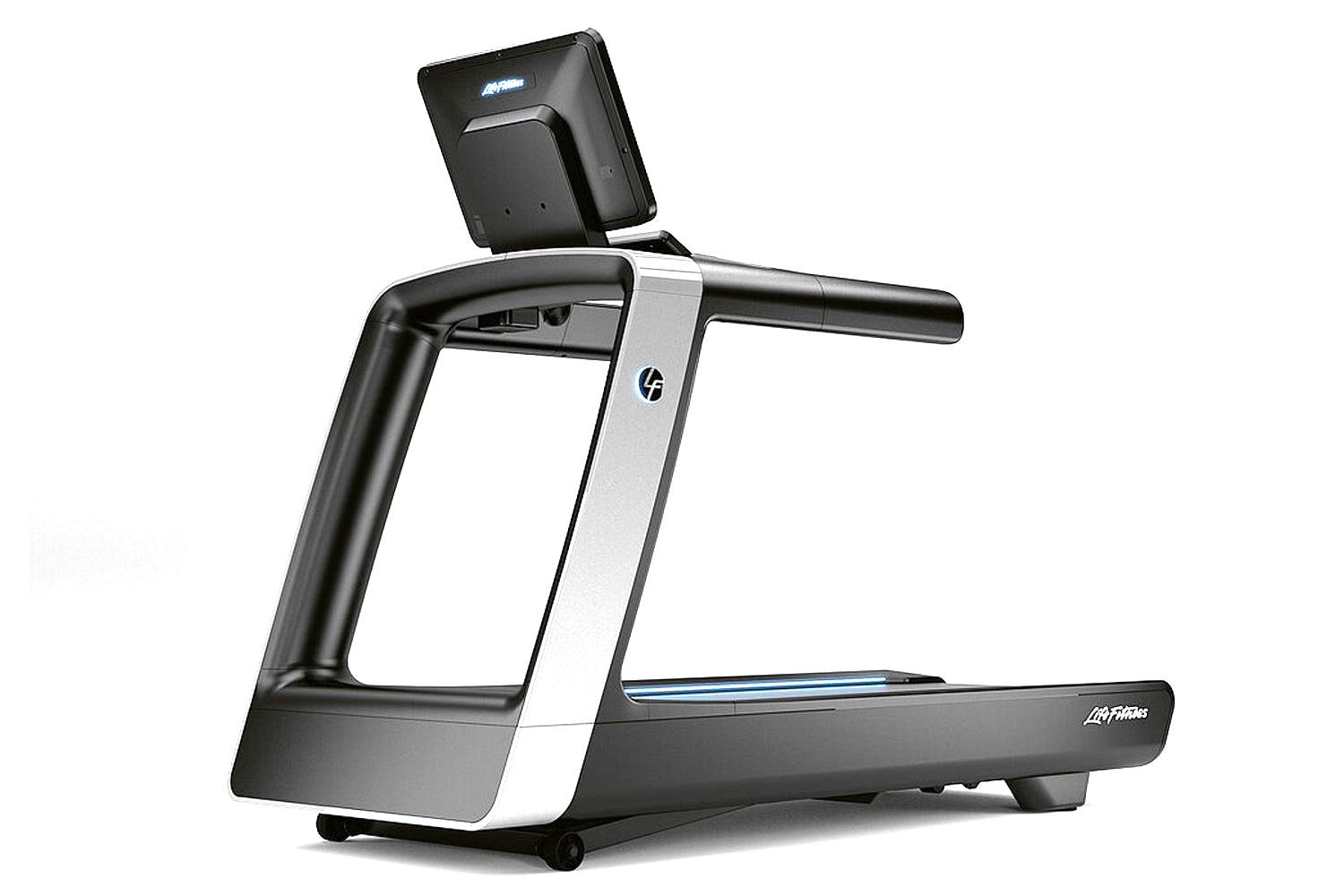 Life Fitness Symbio Runner treadmill with black and silver frame, digital display console, and blue accent stripe on white ba