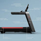 Black and gray Life Fitness treadmill with red accent lighting on blue background, featuring labeled technical components inc