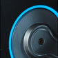 Over-ear headphones with bright blue headband and dark gray cushioned ear cups on black background