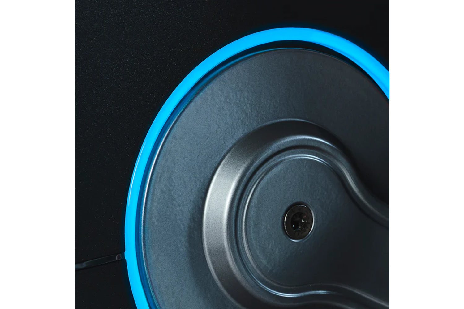 Over-ear headphones with bright blue headband and dark gray cushioned ear cups on black background