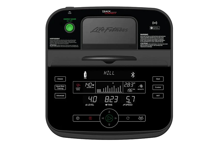 Life Fitness C3 upright exercise bike with black frame, digital display showing workout metrics, control buttons, and energy 