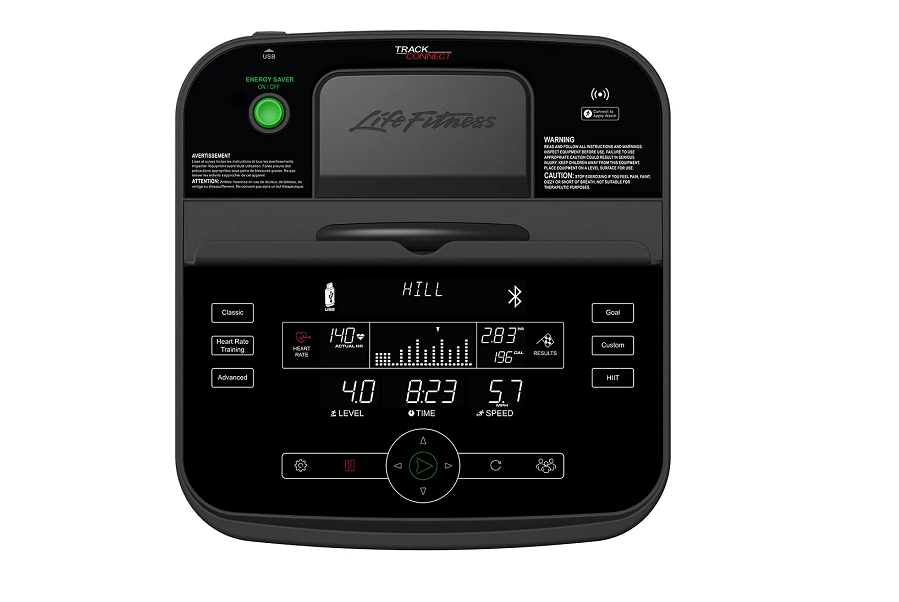 Life Fitness F3 folding treadmill with black console, digital display showing hill workout metrics, control buttons, and gree